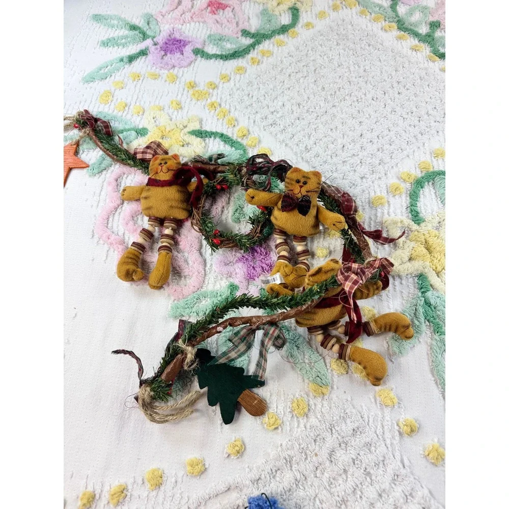 Primitive Christmas Cat Garland Plush Rustic Holiday Decor 31 Inch 18372